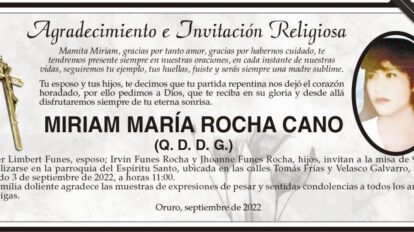 Agradecimiento e Invitación Religiosa: Miriam María Rocha Cano