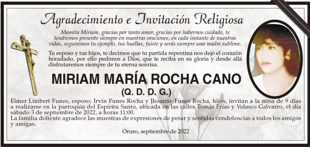 Agradecimiento e Invitación Religiosa: Miriam María Rocha Cano