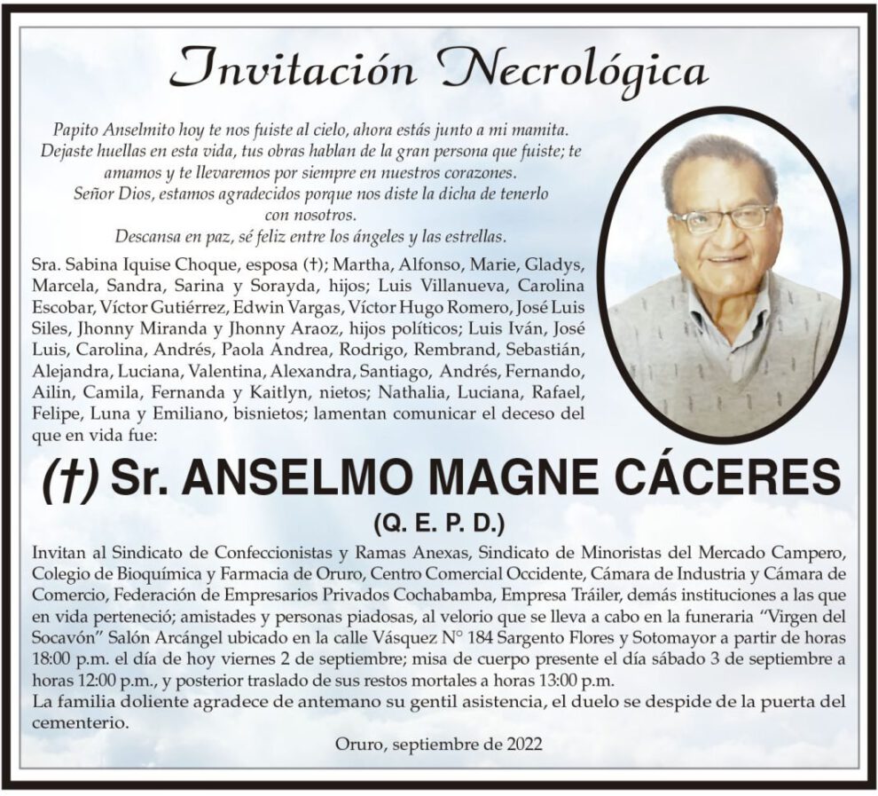 Invitación necrológica para Anselmo Magne Cáceres