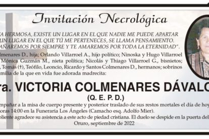 Invitación Necrológica de Victoria Colmenares Dávalos