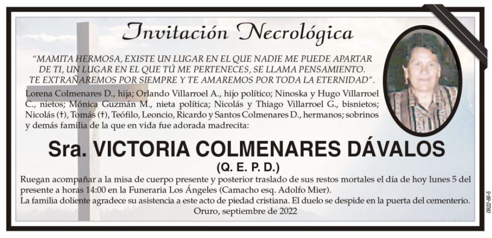 Invitación Necrológica de Victoria Colmenares Dávalos
