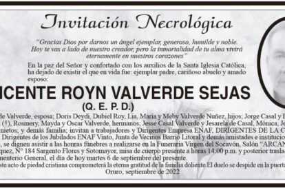 Invitación Necrológica Vicente Royn Valverde Sejas