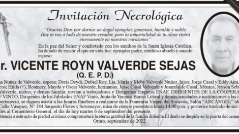 Invitación Necrológica Vicente Royn Valverde Sejas