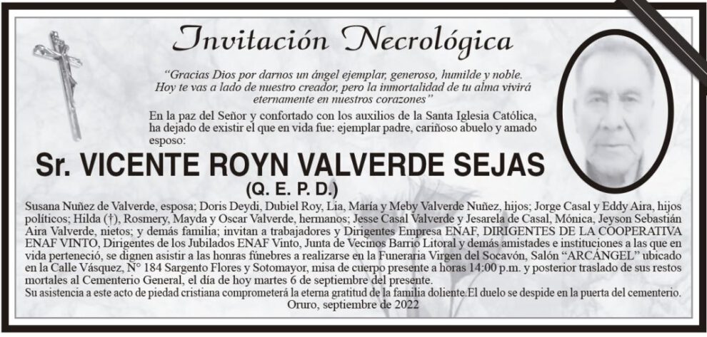 Invitación Necrológica Vicente Royn Valverde Sejas