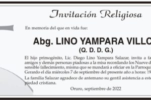 Invitación Religiosa en memoria de Abg. Lino Yampara Villca