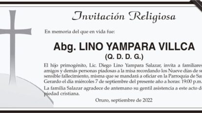 Invitación Religiosa en memoria de Abg. Lino Yampara Villca