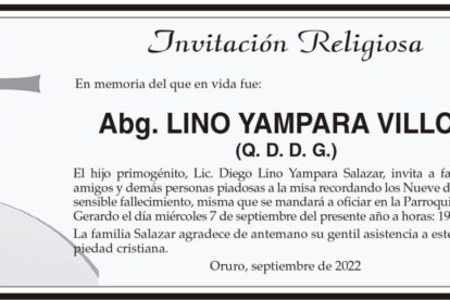 Invitación Religiosa en memoria de Abg. Lino Yampara Villca