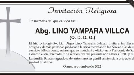 Invitación Religiosa en memoria de Abg. Lino Yampara Villca