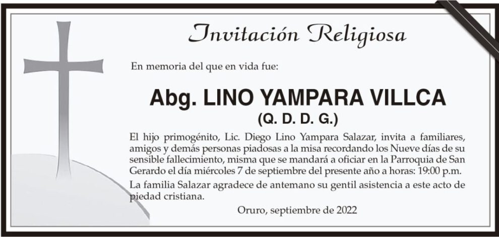 Invitación Religiosa en memoria de Abg. Lino Yampara Villca