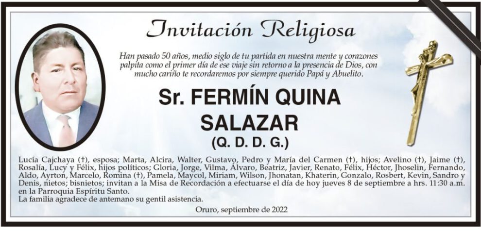 Invitación Religiosa para Fermín Quina Salazar
