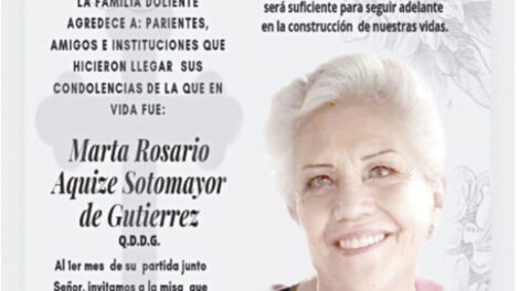 Agradecimiento e Invitación Necrológica: Marta Rosario Aquize Sotomayor de Gutierrez