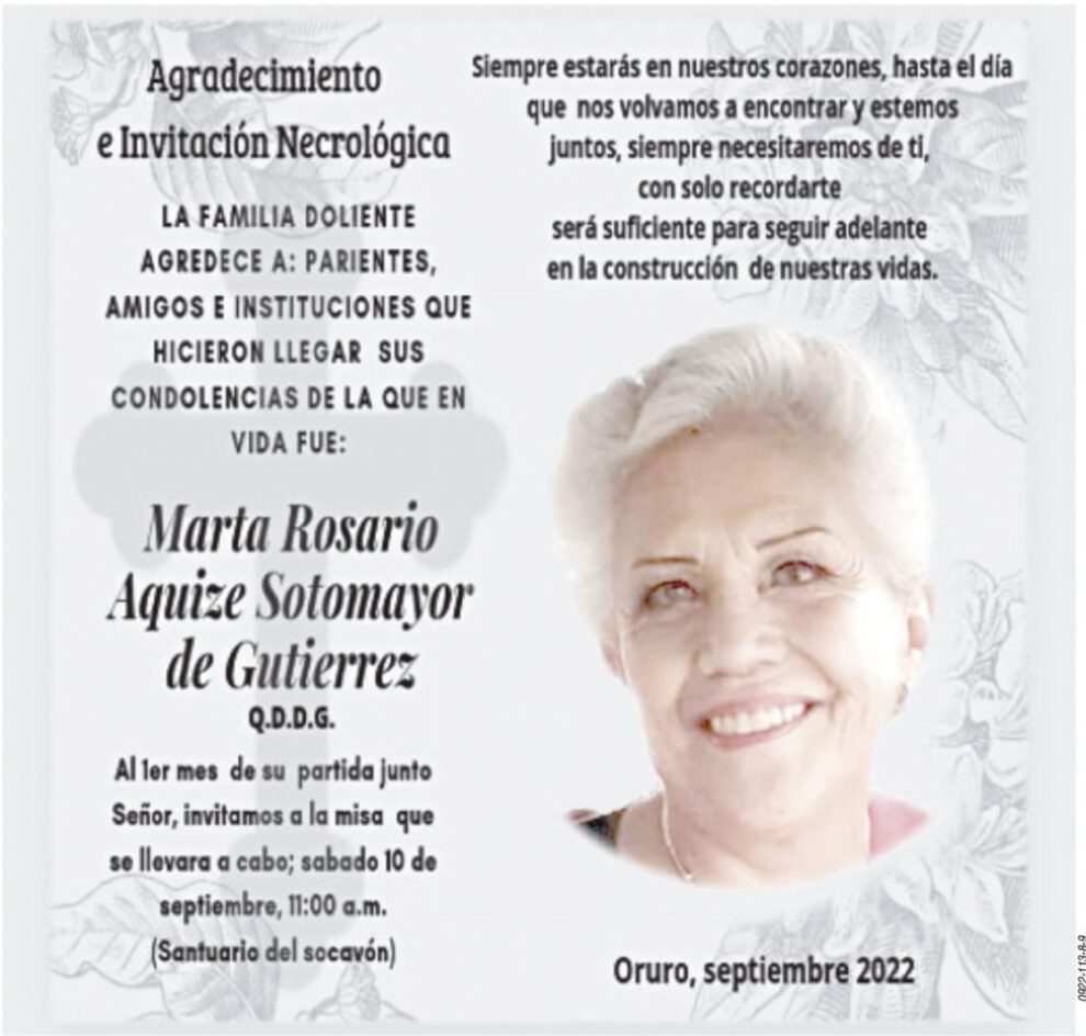 Agradecimiento e Invitación Necrológica: Marta Rosario Aquize Sotomayor de Gutierrez
