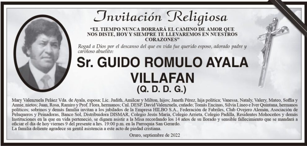 Invitación Religiosa para Guido Romulo Ayala Villafan