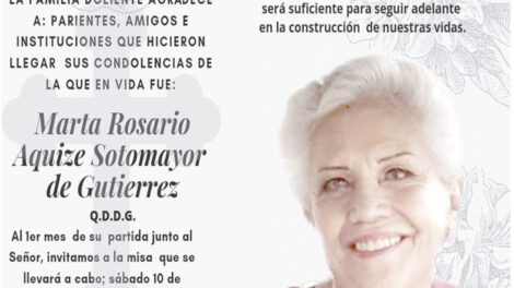 Agradecimiento Invitación Religiosa de Marta Rosario Aquize Sotomayor de Gutierrez