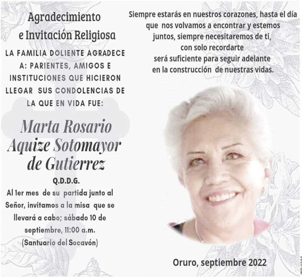 Agradecimiento Invitación Religiosa de Marta Rosario Aquize Sotomayor de Gutierrez
