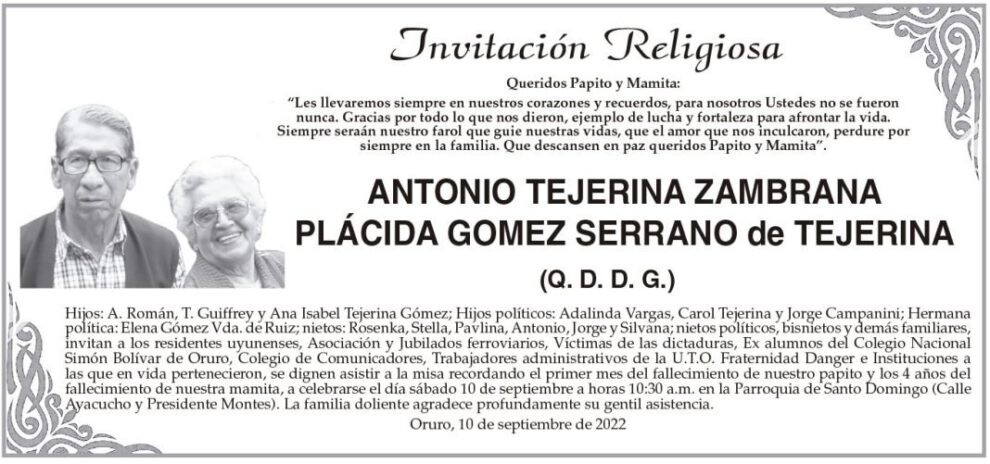 Obituarios de Antonio Tejerina Zambrana Plácida Gomez Serrano
