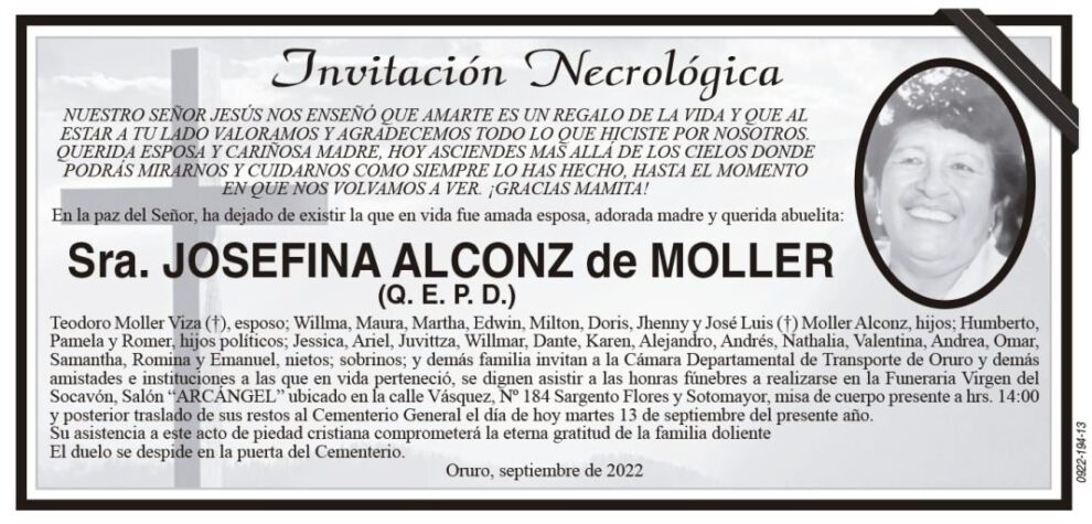 Invitación Necrológica para Josefina Alconz de Moller