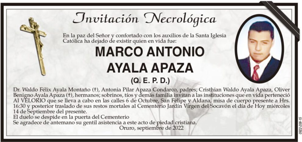 Invitación Necrológica: Marco Antonio Ayala Apaza