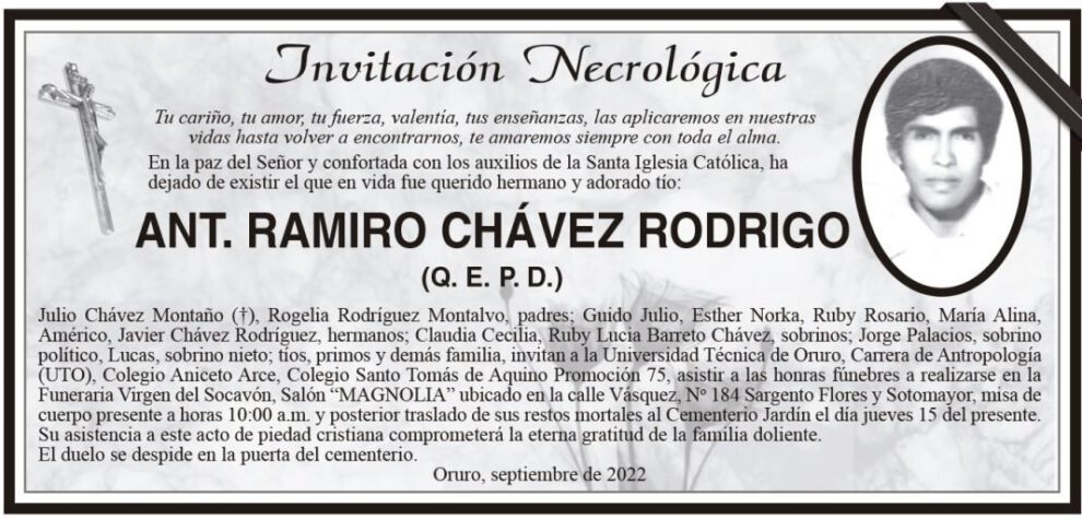 Invitación Necrológica: ANT. RAMIRO CHÁVEZ RODRIGO