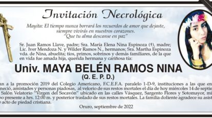 Invitación Necrológica de Maya Belén Ramos Nina