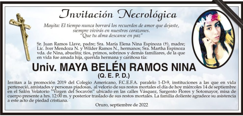 Invitación Necrológica de Maya Belén Ramos Nina