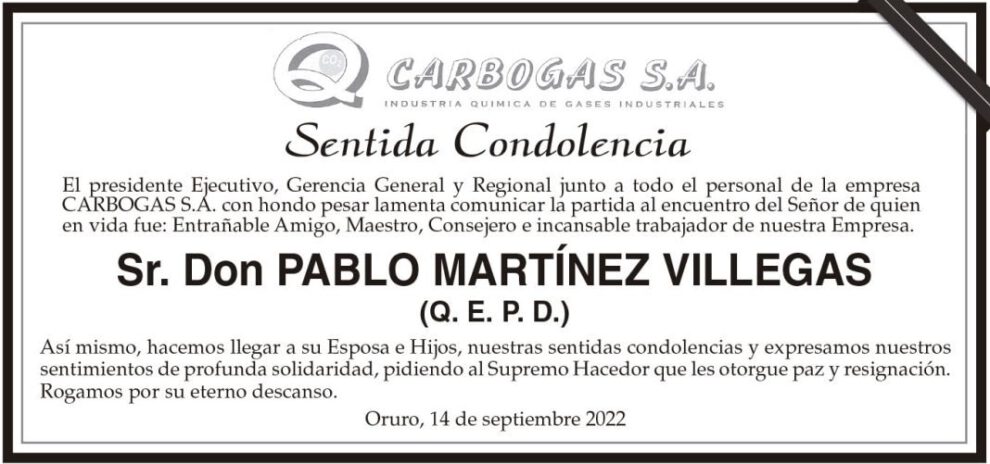 Condolencias por la partida de Pablo Martínez Villegas