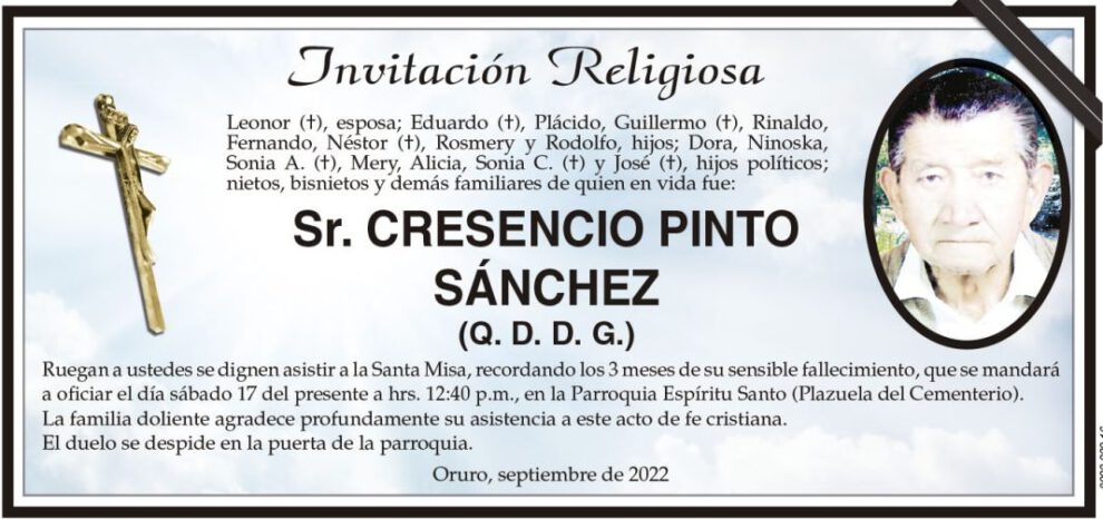 Cresencio Pinto Sánchez, invitación a la Santa Misa por su fallecimiento