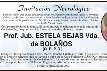 Invitación Necrológica de Estela Sejas Vda. de Bolaños