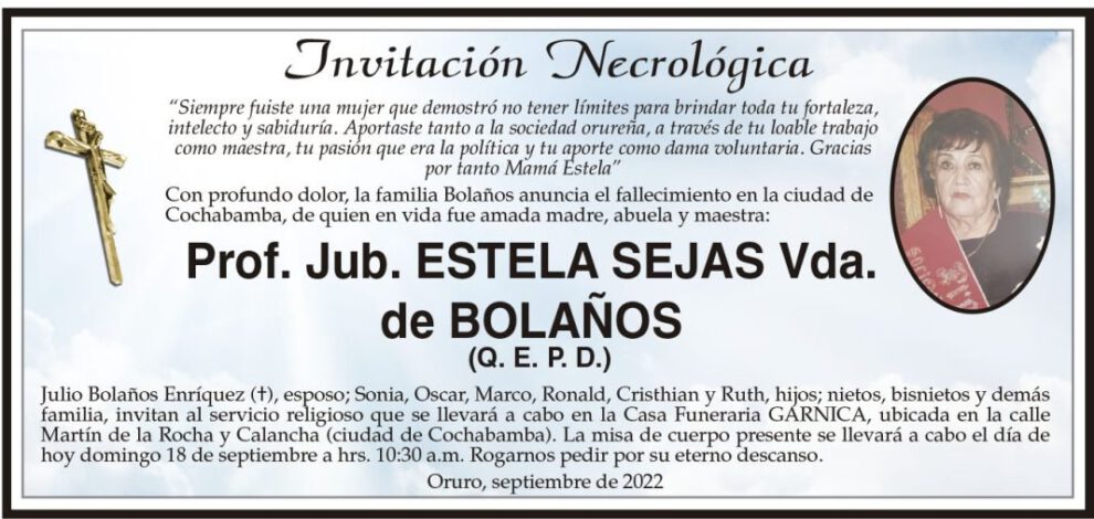 Invitación Necrológica de Estela Sejas Vda. de Bolaños