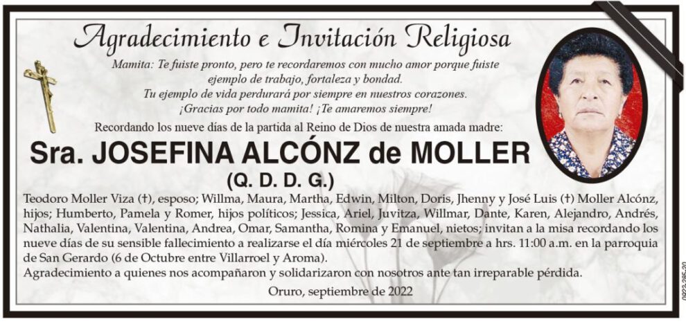 Agradecimiento e Invitación Religiosa por Josefina Alcónz de Moller