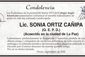 Condolencia por el fallecimiento de Lic. Sonia Ortiz Cañipa