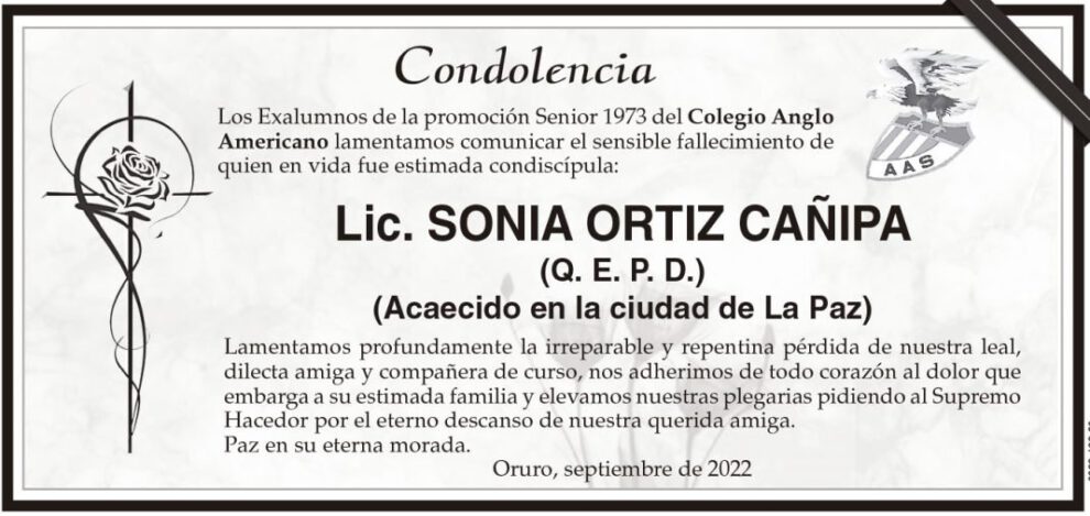 Condolencia por el fallecimiento de Lic. Sonia Ortiz Cañipa