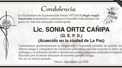 Condolencia por el fallecimiento de Lic. Sonia Ortiz Cañipa