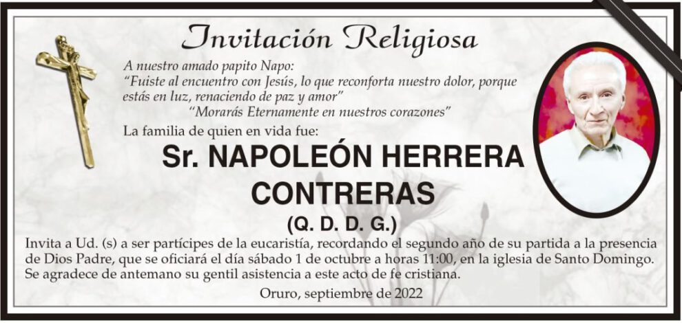 Invitación Religiosa para recordar a Napoleón Herrera Contreras
