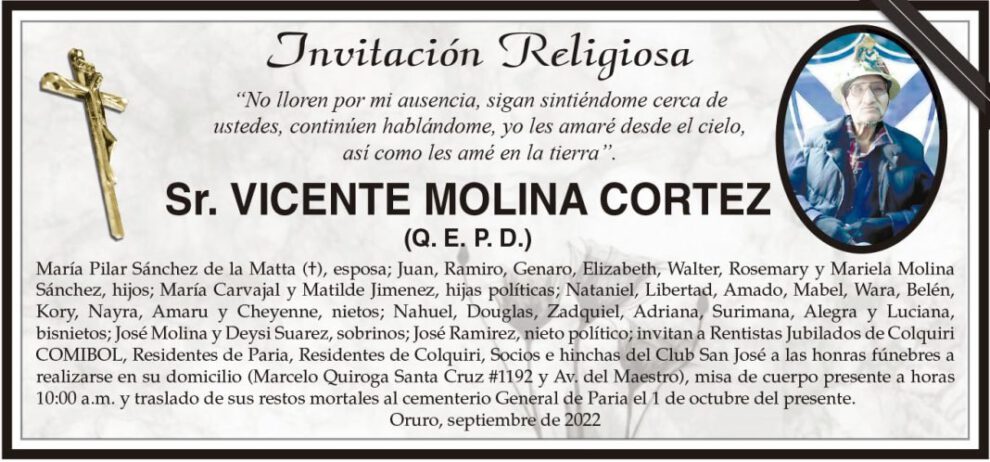 Invitación Religiosa para Vicente Molina Cortez