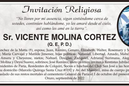 Invitación Religiosa para Vicente Molina Cortez
