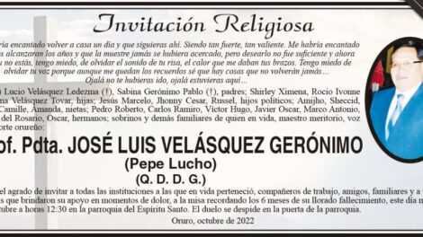 Prof. Pdta. José Luis Velásquez Gerónimo, invitación a misa recordatoria