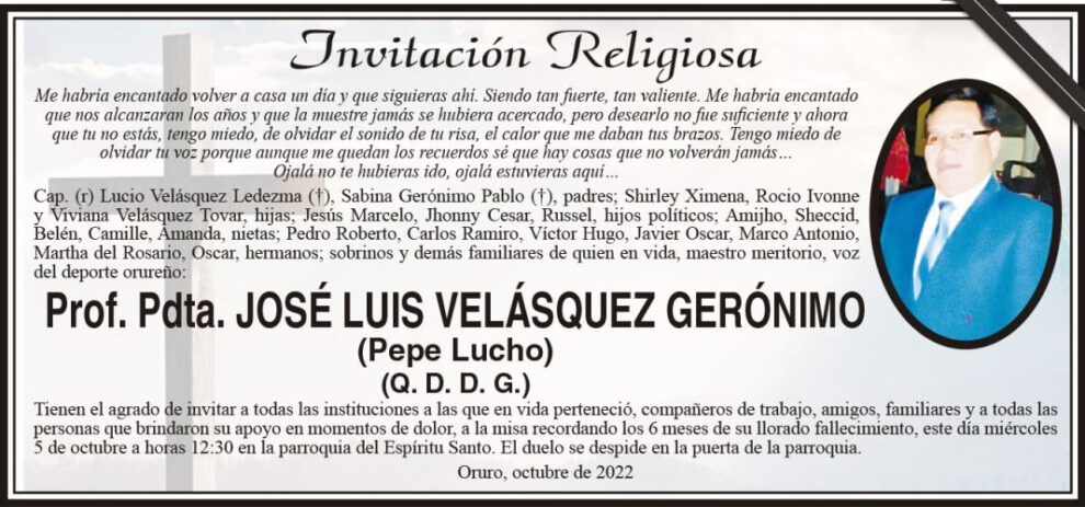 Prof. Pdta. José Luis Velásquez Gerónimo, invitación a misa recordatoria