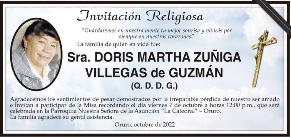 Invitación Religiosa para Doris Martha Zuñiga Villegas