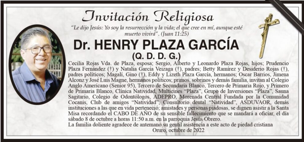 Invitación religiosa para Dr. Henry Plaza García