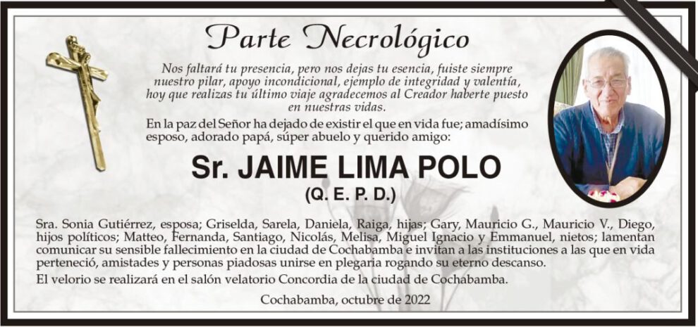 Parte Necrológico de Jaime Lima Polo