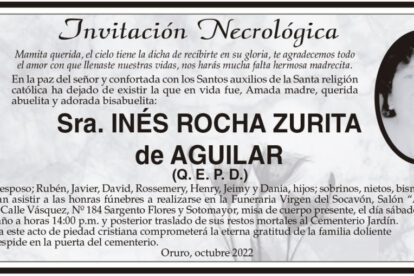 Invitación Necrológica de Inés Rocha Zurita
