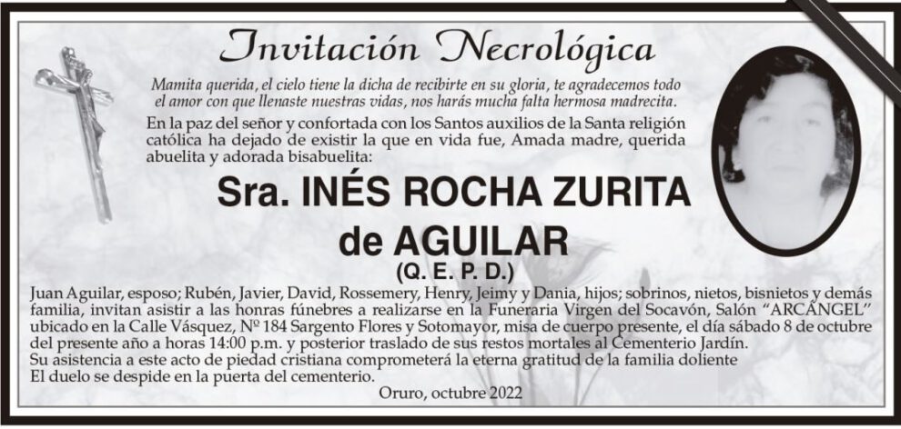 Invitación Necrológica de Inés Rocha Zurita