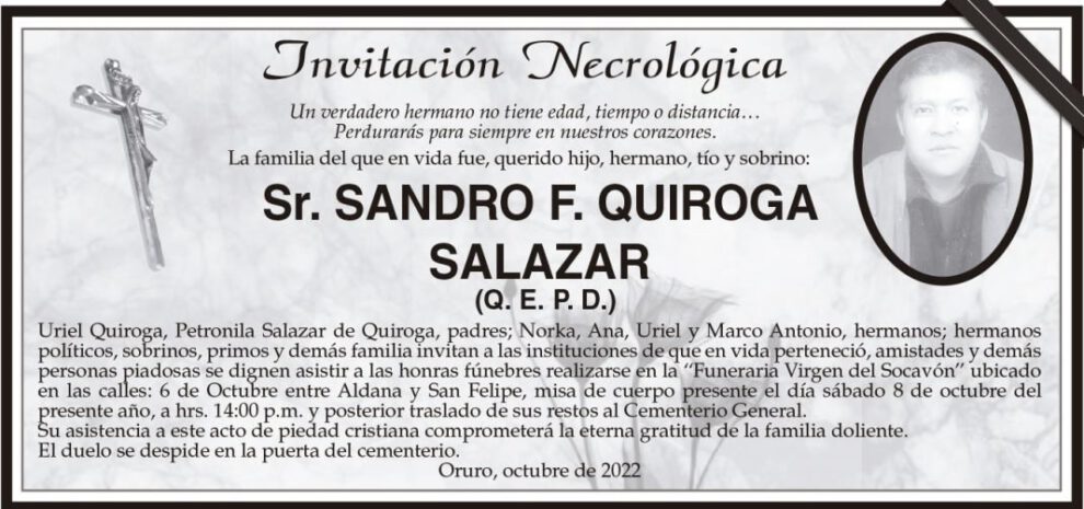 Invitación Necrológica: Sr. Sandro F. Quiroga Salazar (Q. E. P. D.)