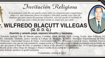 Invitación religiosa en memoria del Dr. Wilfredo Blacutt Villegas