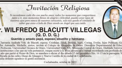 Invitación religiosa en memoria del Dr. Wilfredo Blacutt Villegas