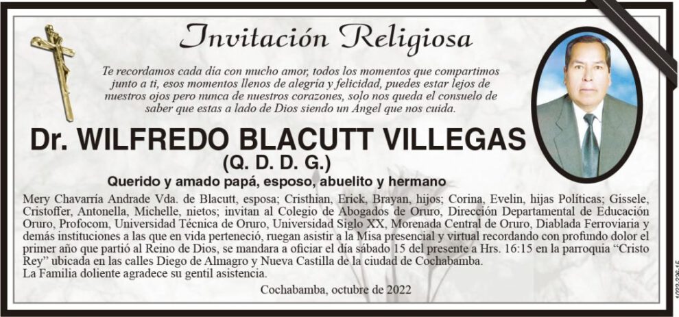 Invitación religiosa en memoria del Dr. Wilfredo Blacutt Villegas