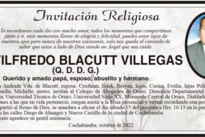 Invitación religiosa en memoria del Dr. Wilfredo Blacutt Villegas