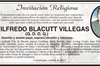 Invitación religiosa en memoria del Dr. Wilfredo Blacutt Villegas
