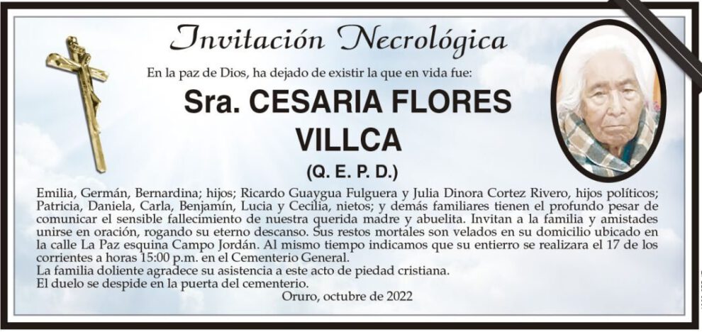 Invitación Necrológica de Cesaria Flores Villca